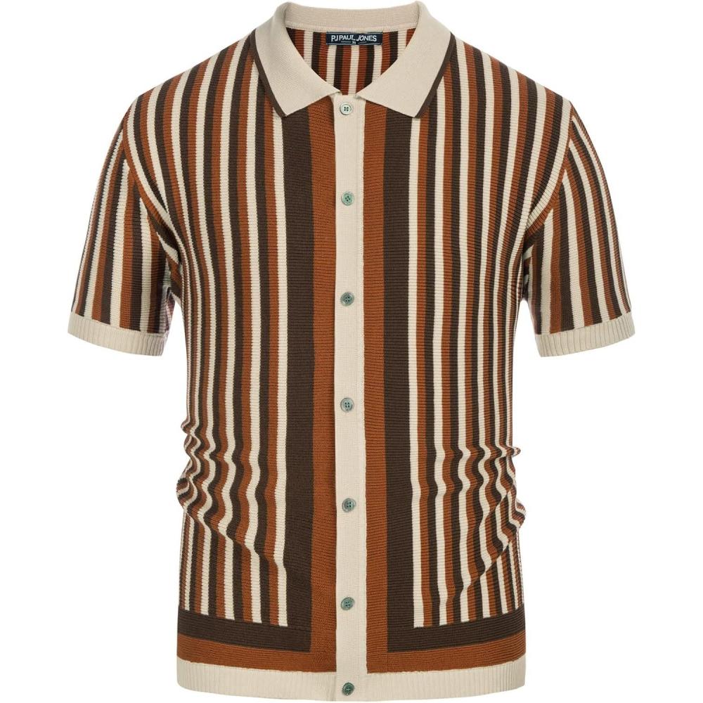 imagePJ PAUL JONES Mens Polo Shirts Retro Knit Shirt Vintage Striped ShirtCaramel