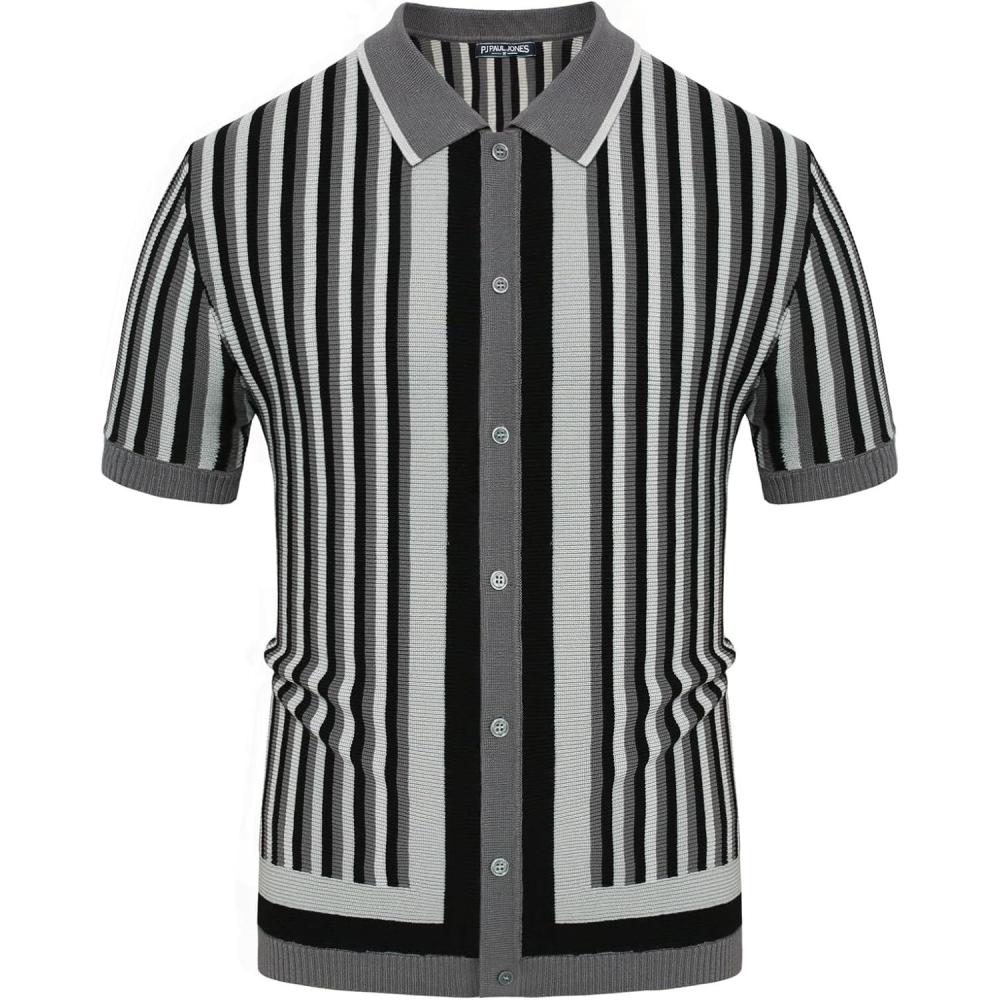 imagePJ PAUL JONES Mens Polo Shirts Retro Knit Shirt Vintage Striped ShirtDark Gray
