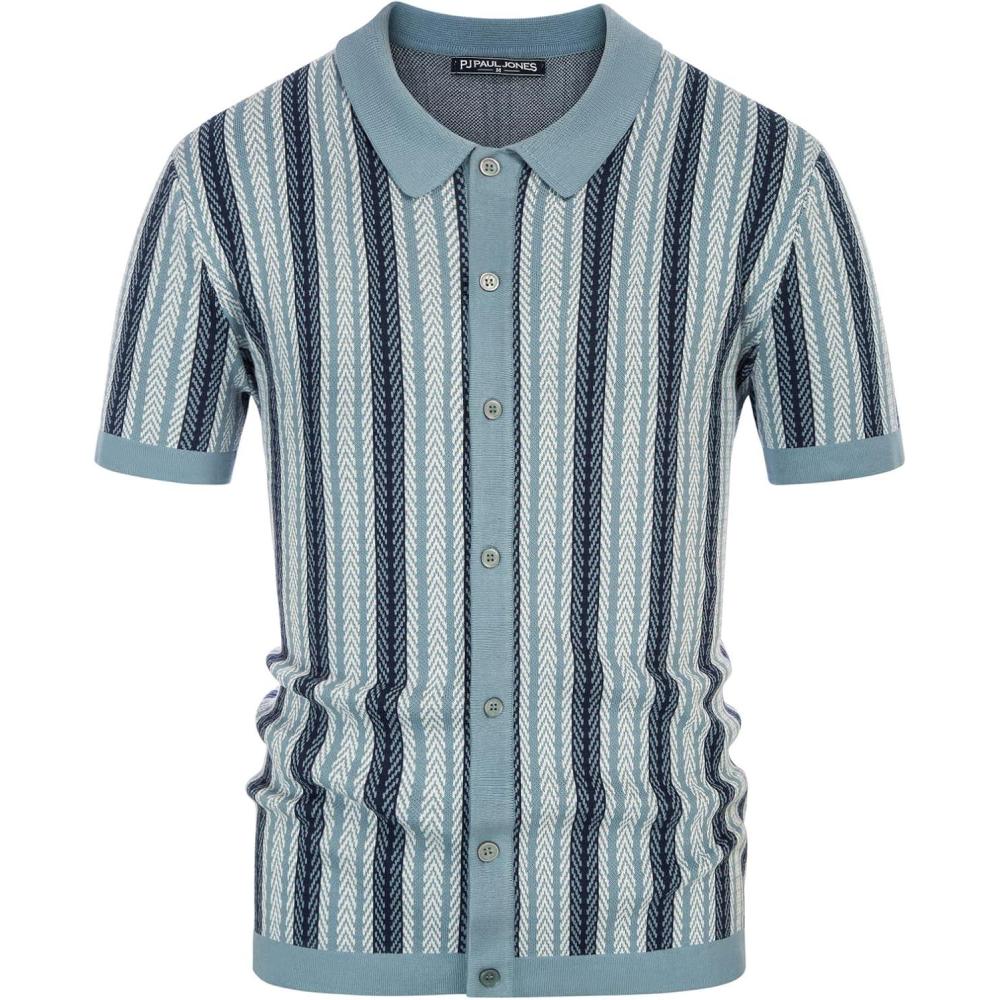 imagePJ PAUL JONES Mens Polo Shirts Retro Knit Shirt Vintage Striped ShirtGrey Blue