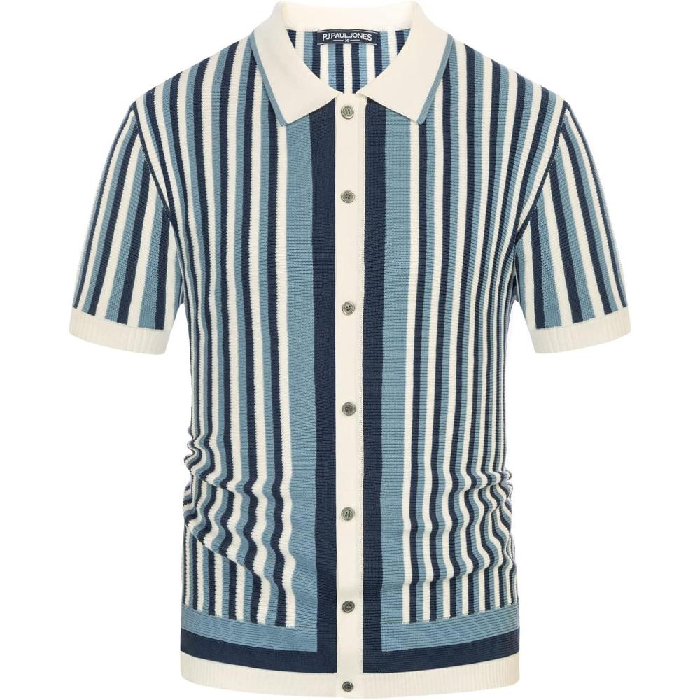 imagePJ PAUL JONES Mens Polo Shirts Retro Knit Shirt Vintage Striped ShirtWhiteblue