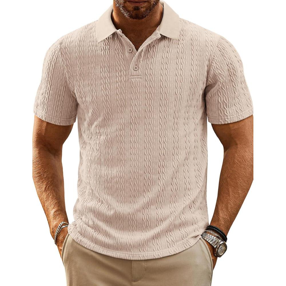 imagePJ PAUL JONES Mens Polo Shirts Short Sleeve Casual Collared Shirts Textured Stretchy Golf ShirtsApricot