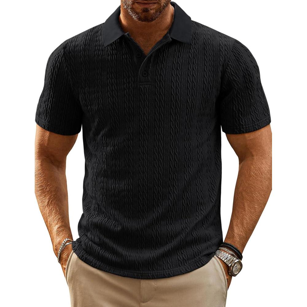 imagePJ PAUL JONES Mens Polo Shirts Short Sleeve Casual Collared Shirts Textured Stretchy Golf ShirtsBlack