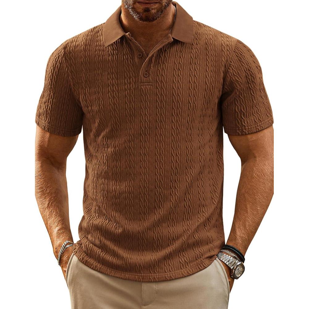 imagePJ PAUL JONES Mens Polo Shirts Short Sleeve Casual Collared Shirts Textured Stretchy Golf ShirtsCoffee
