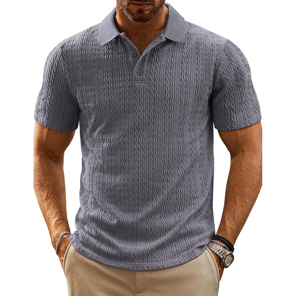 imagePJ PAUL JONES Mens Polo Shirts Short Sleeve Casual Collared Shirts Textured Stretchy Golf ShirtsDeep Grey