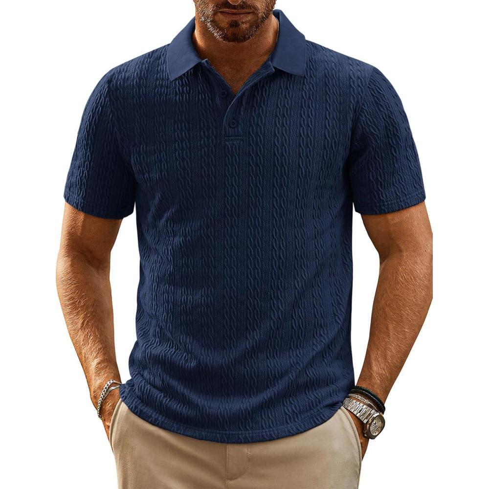 imagePJ PAUL JONES Mens Polo Shirts Short Sleeve Casual Collared Shirts Textured Stretchy Golf ShirtsNavy Blue