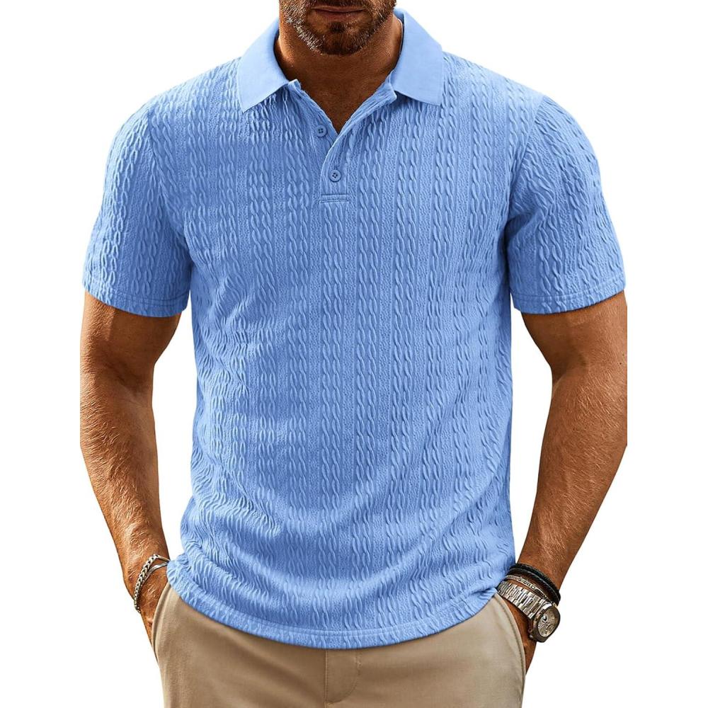 imagePJ PAUL JONES Mens Polo Shirts Short Sleeve Casual Collared Shirts Textured Stretchy Golf ShirtsPure Blue