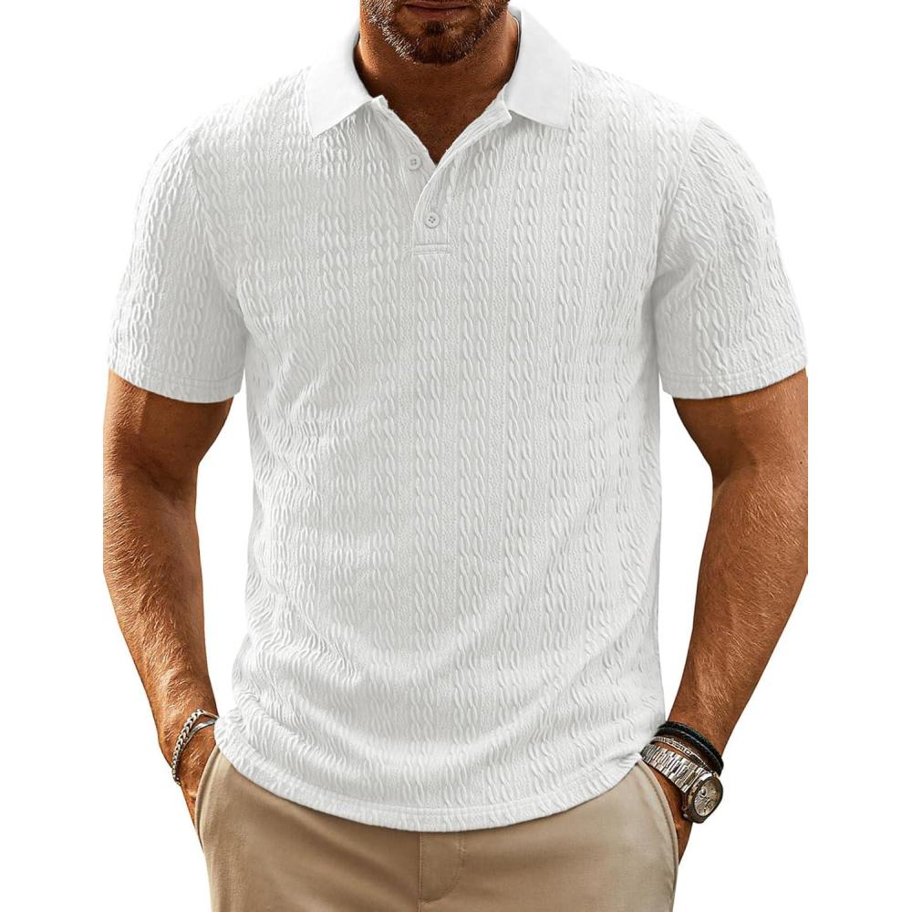 imagePJ PAUL JONES Mens Polo Shirts Short Sleeve Casual Collared Shirts Textured Stretchy Golf ShirtsWhite