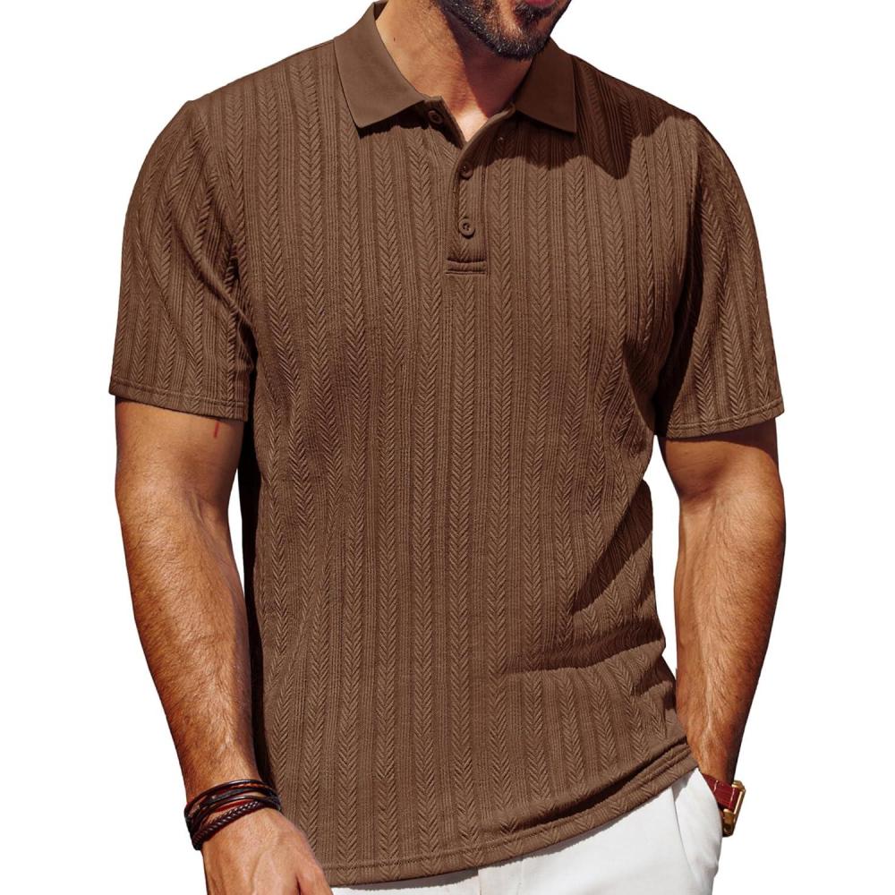 imagePJ PAUL JONES Mens Polo Shirts Short Sleeve Fashion Textured Polo Shirt Regular Fit Stretchy Golf ShirtsBrown