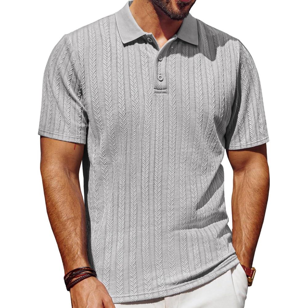 imagePJ PAUL JONES Mens Polo Shirts Short Sleeve Fashion Textured Polo Shirt Regular Fit Stretchy Golf ShirtsLight Grey