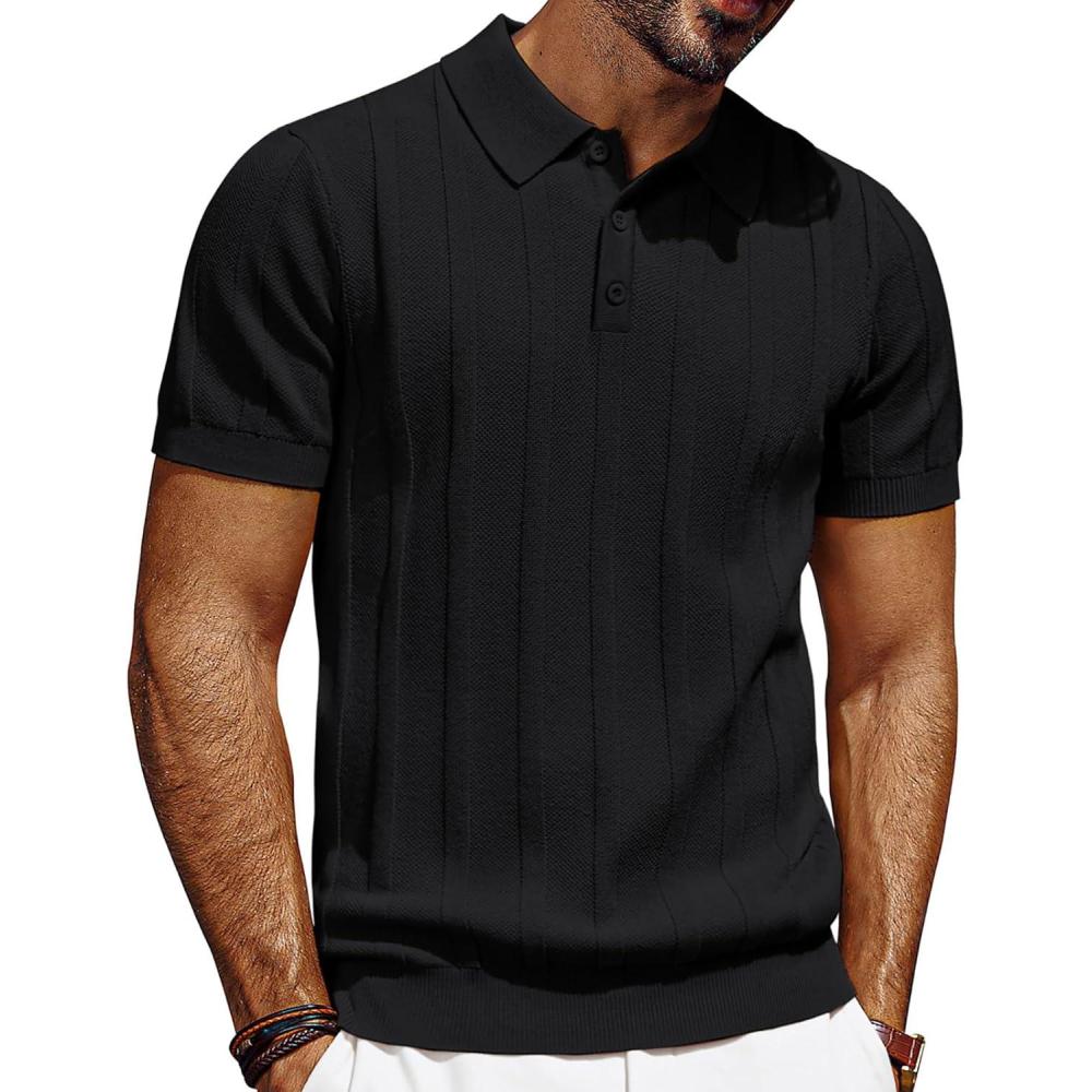 imagePJ PAUL JONES Mens Polo Shirts Short Sleeve Textured Knit Polo Shirt Ribbed Casual Golf ShirtsBlack