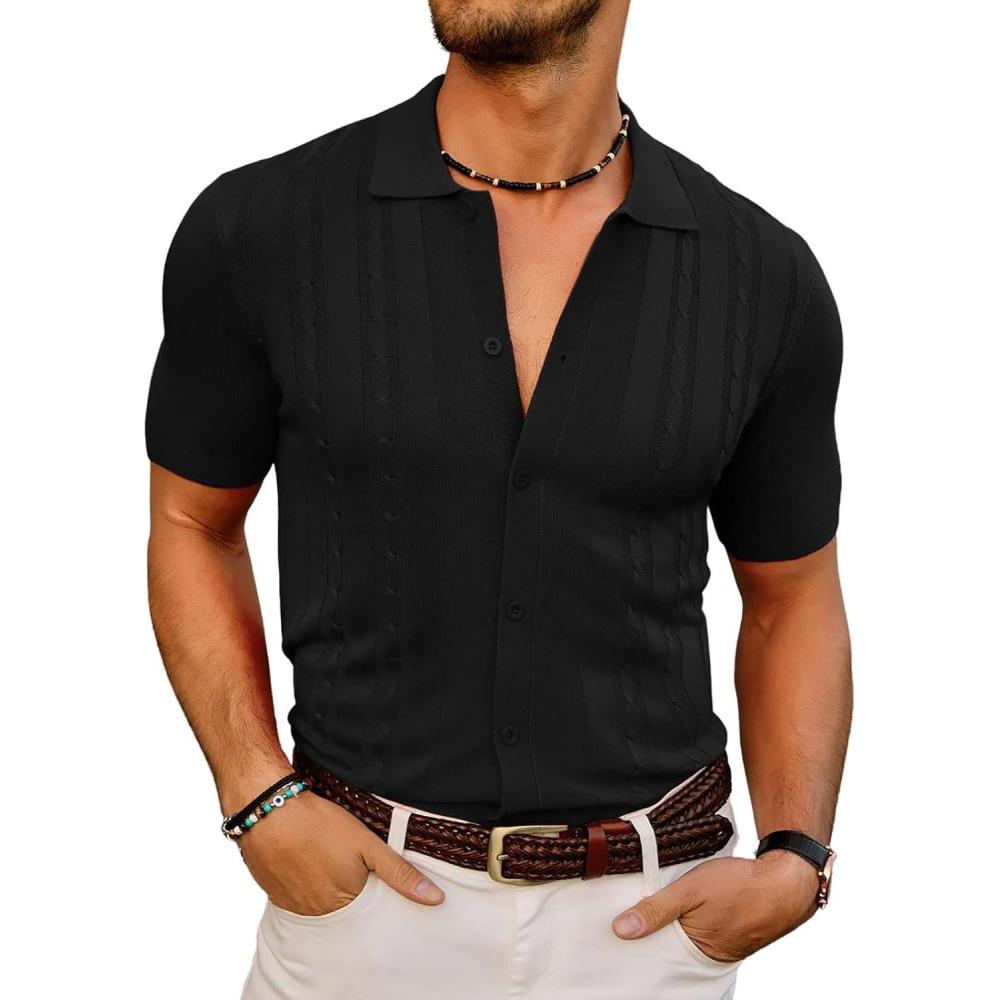 imagePJ PAUL JONES Mens Polo Shirts Short Sleeve Textured Knit Polo Shirt Ribbed Casual Golf ShirtsBlacksolid