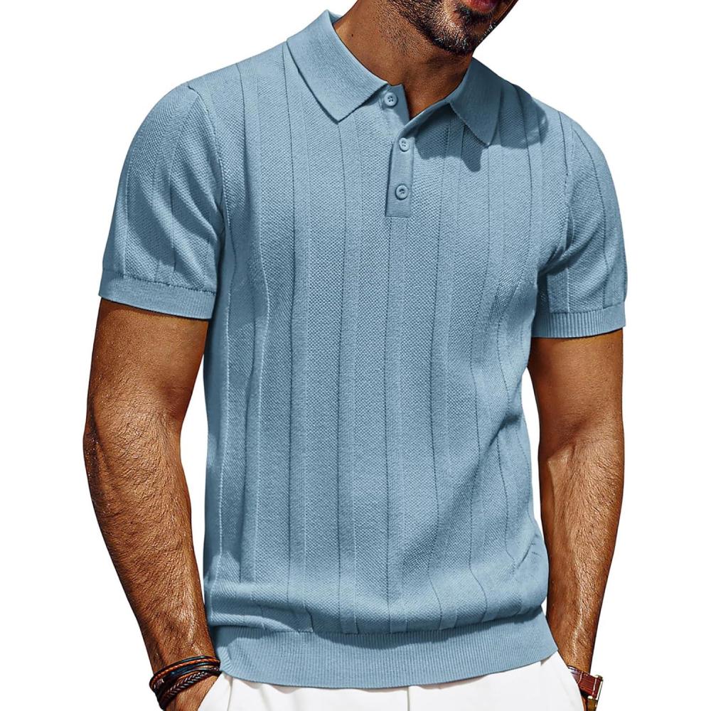imagePJ PAUL JONES Mens Polo Shirts Short Sleeve Textured Knit Polo Shirt Ribbed Casual Golf ShirtsBlue