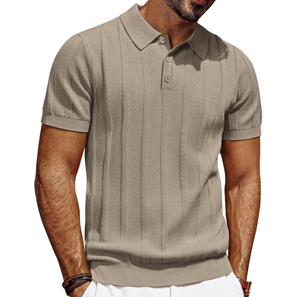 imagePJ PAUL JONES Mens Polo Shirts Short Sleeve Textured Knit Polo Shirt Ribbed Casual Golf ShirtsCamel