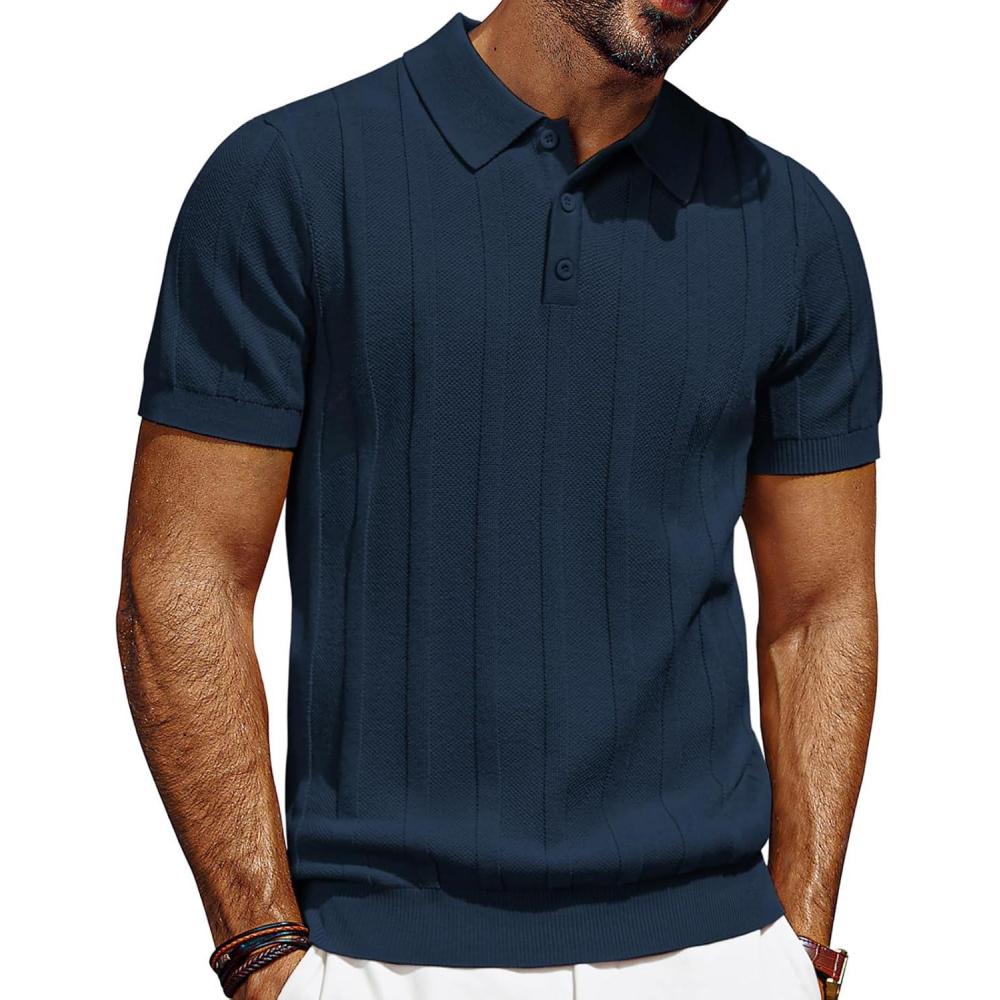 imagePJ PAUL JONES Mens Polo Shirts Short Sleeve Textured Knit Polo Shirt Ribbed Casual Golf ShirtsNavy Blue