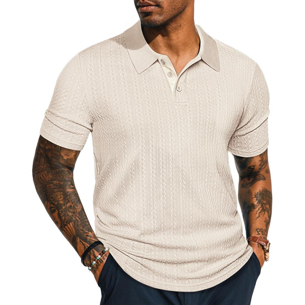 imagePJ PAUL JONES Mens Polo Shirts Short Sleeve Textured Polo T Shirt Summer Casual Knitted Golf ShirtApricot