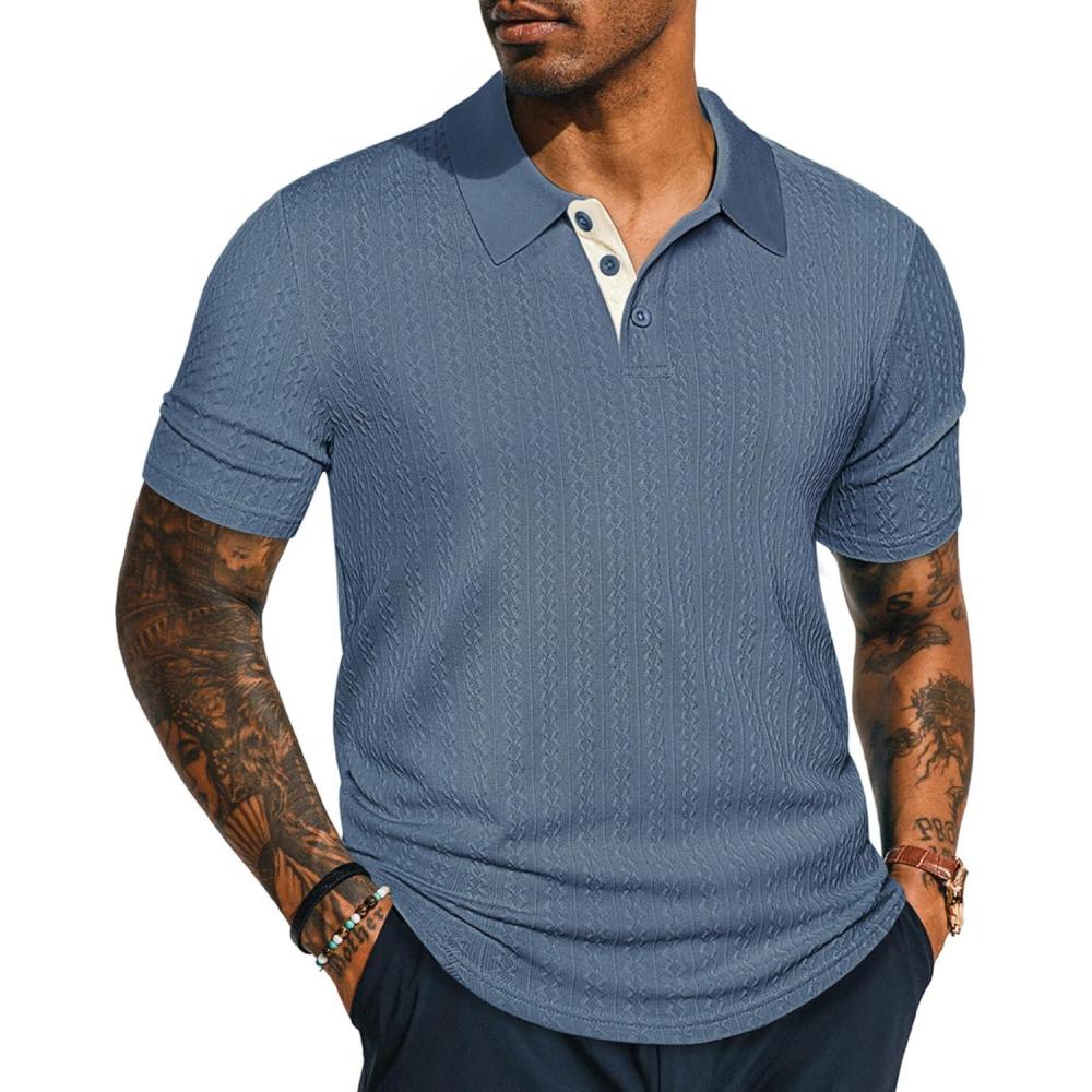 imagePJ PAUL JONES Mens Polo Shirts Short Sleeve Textured Polo T Shirt Summer Casual Knitted Golf ShirtDark Blue