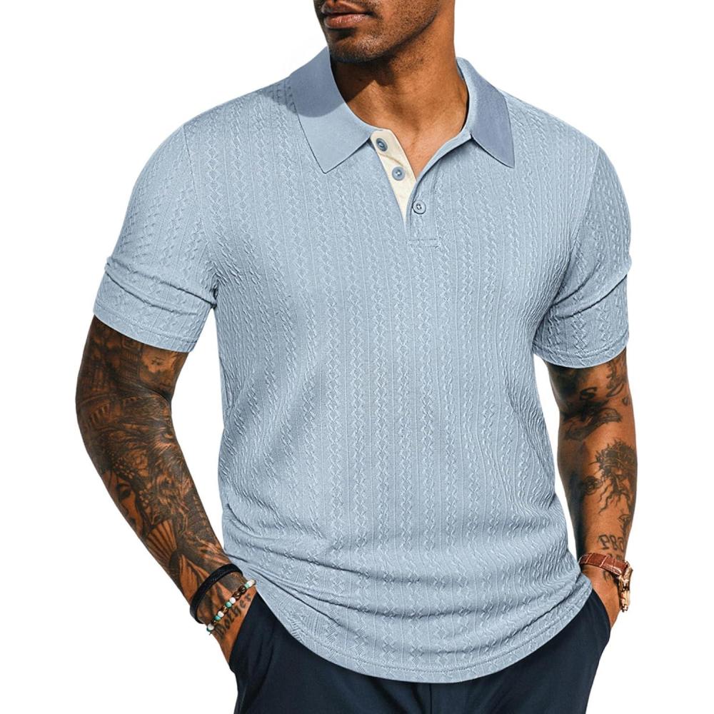 imagePJ PAUL JONES Mens Polo Shirts Short Sleeve Textured Polo T Shirt Summer Casual Knitted Golf ShirtGray Blue