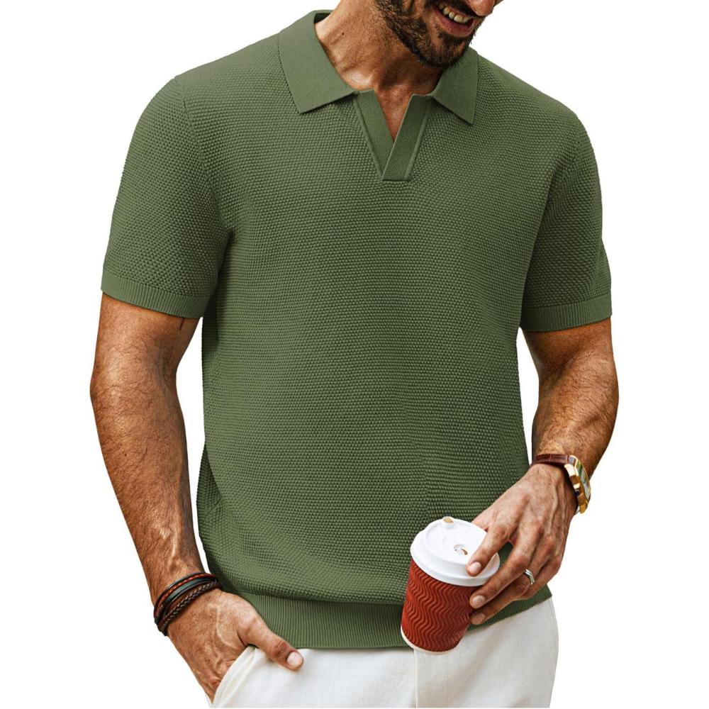 imagePJ PAUL JONES Mens Polo Shirts Short Sleeve V Neck Knit Textured Polo Knitted Golf ShirtArmy Green
