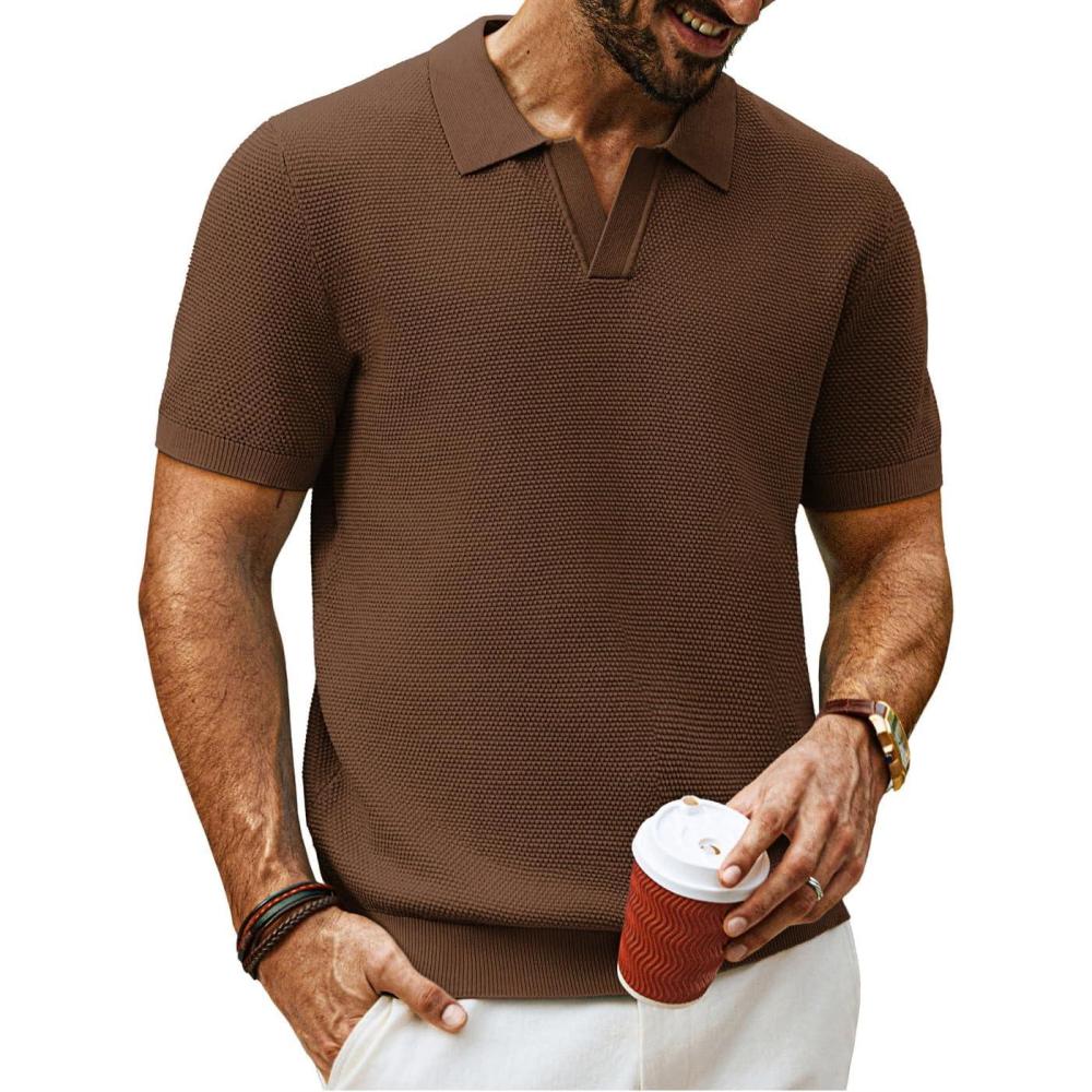 imagePJ PAUL JONES Mens Polo Shirts Short Sleeve V Neck Knit Textured Polo Knitted Golf ShirtCoffee