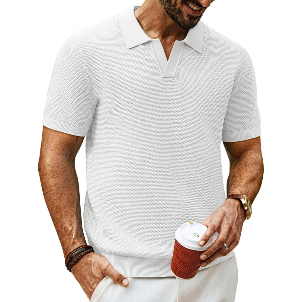 imagePJ PAUL JONES Mens Polo Shirts Short Sleeve V Neck Knit Textured Polo Knitted Golf ShirtWhite