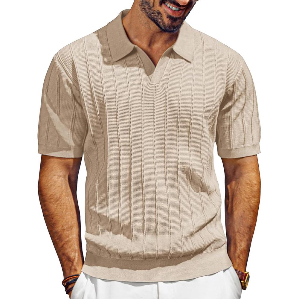 imagePJ PAUL JONES Mens Polo Shirts VNeck Knit Polo Textured Summer ShirtsApricot
