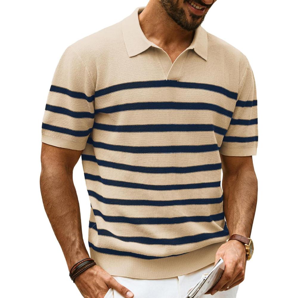 imagePJ PAUL JONES Mens Polo Shirts VNeck Knit Polo Textured Summer ShirtsApricotstripe