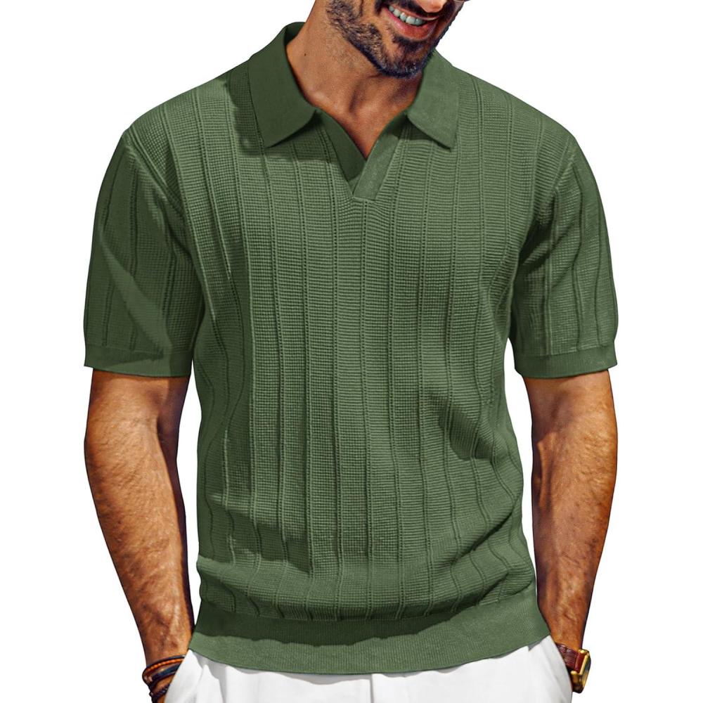 imagePJ PAUL JONES Mens Polo Shirts VNeck Knit Polo Textured Summer ShirtsArmy Green