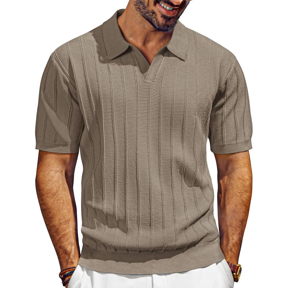 imagePJ PAUL JONES Mens Polo Shirts VNeck Knit Polo Textured Summer ShirtsCamel