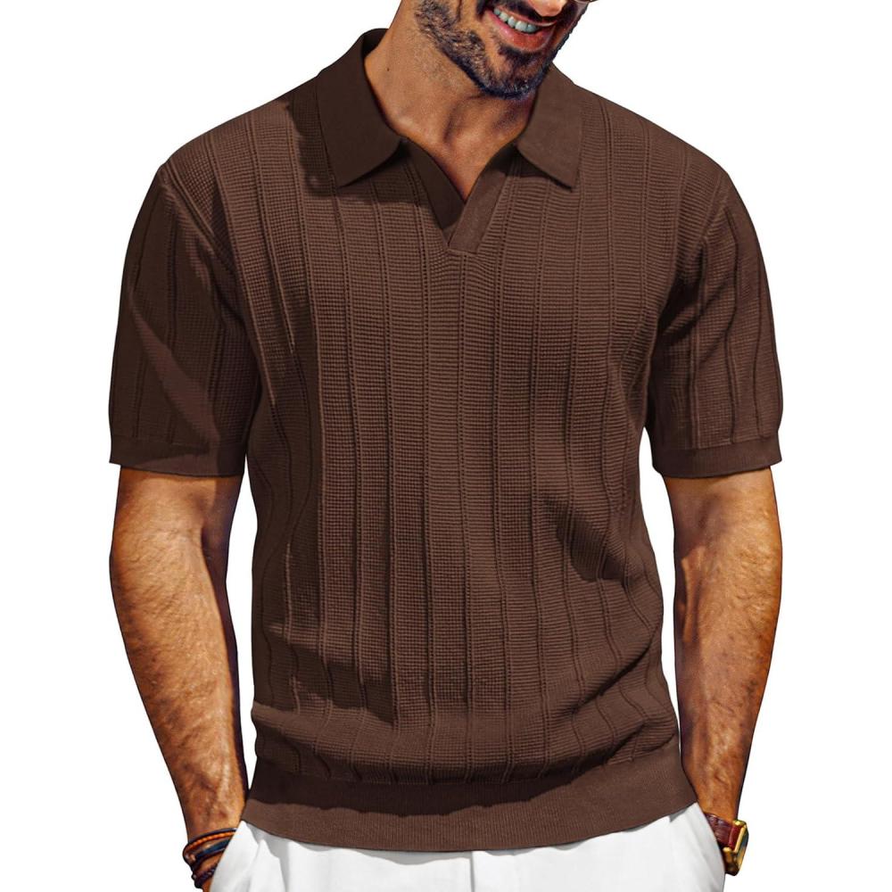 imagePJ PAUL JONES Mens Polo Shirts VNeck Knit Polo Textured Summer ShirtsCoffee