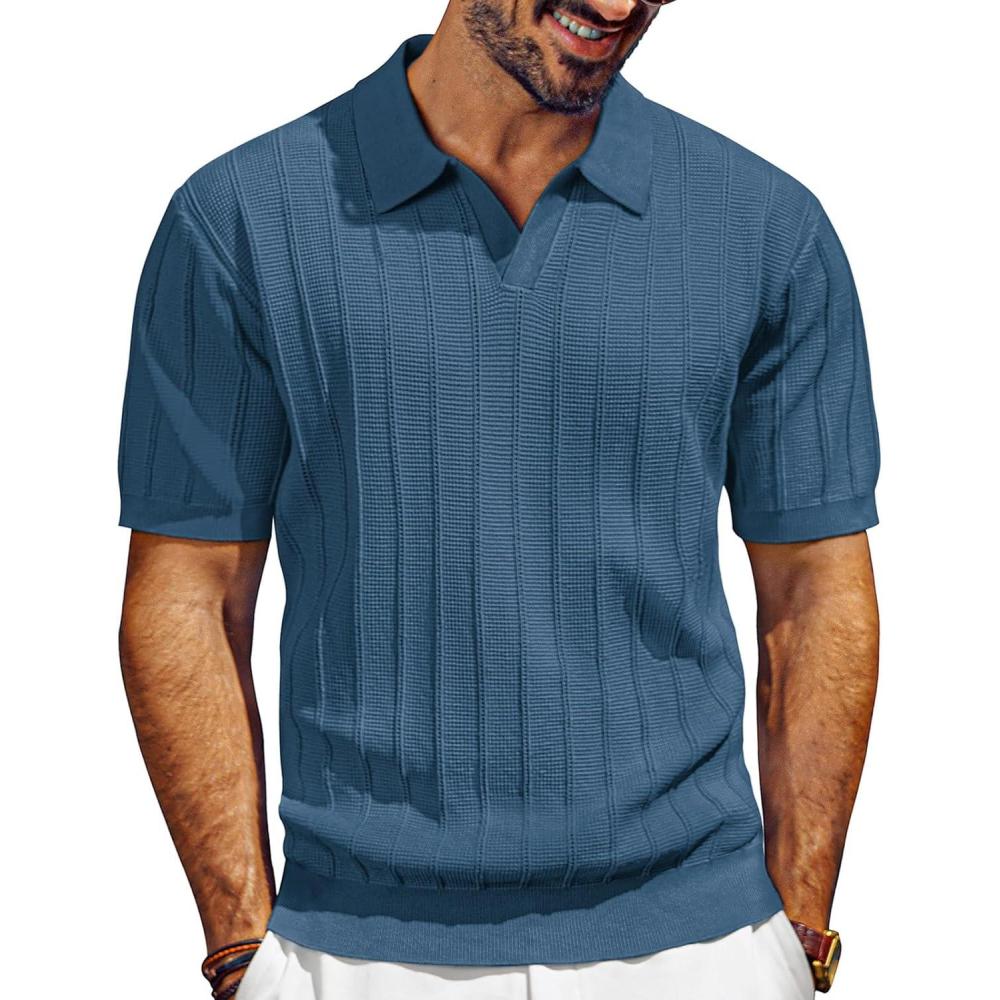 imagePJ PAUL JONES Mens Polo Shirts VNeck Knit Polo Textured Summer ShirtsIndigo Blue