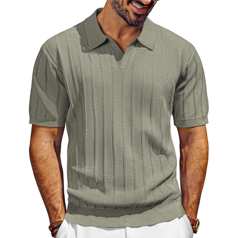 imagePJ PAUL JONES Mens Polo Shirts VNeck Knit Polo Textured Summer ShirtsKhaki