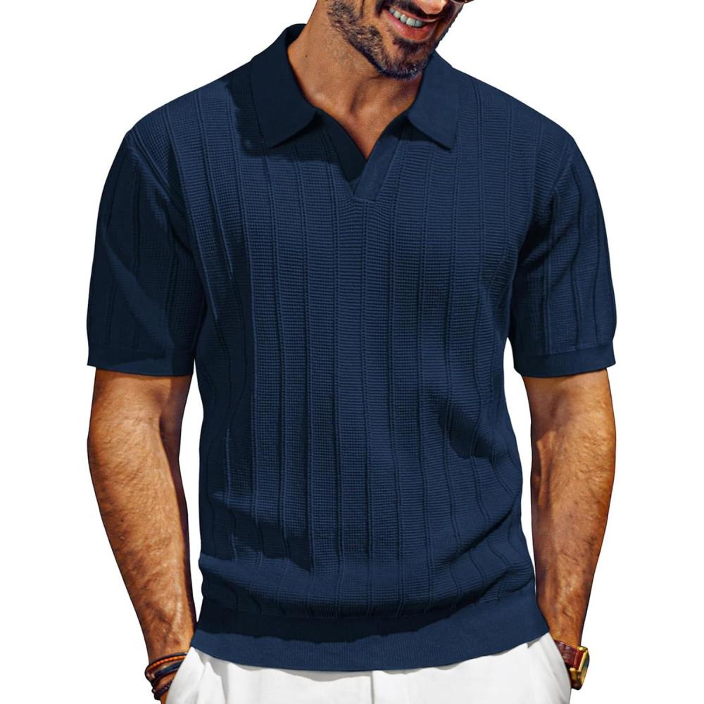 imagePJ PAUL JONES Mens Polo Shirts VNeck Knit Polo Textured Summer ShirtsNavy Blue