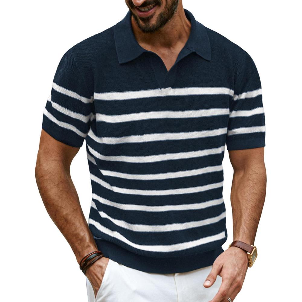 imagePJ PAUL JONES Mens Polo Shirts VNeck Knit Polo Textured Summer ShirtsNavy Bluestripe