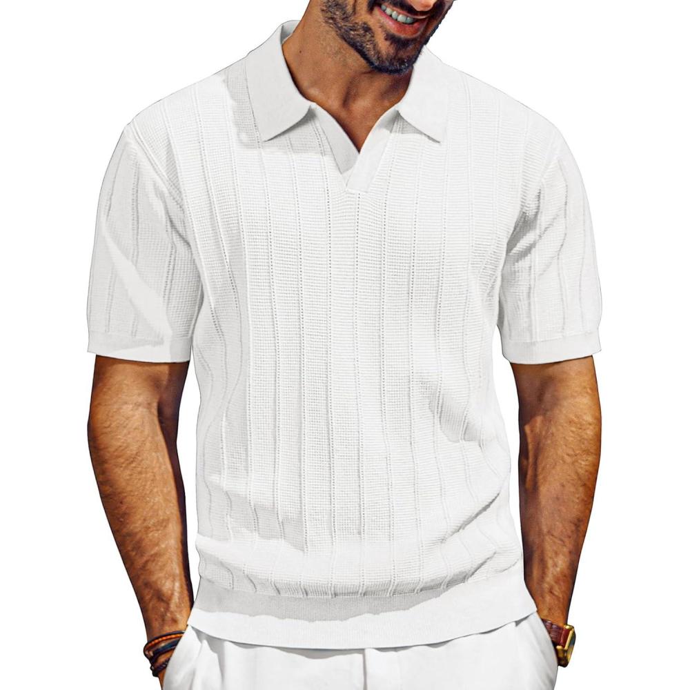 imagePJ PAUL JONES Mens Polo Shirts VNeck Knit Polo Textured Summer ShirtsWhite