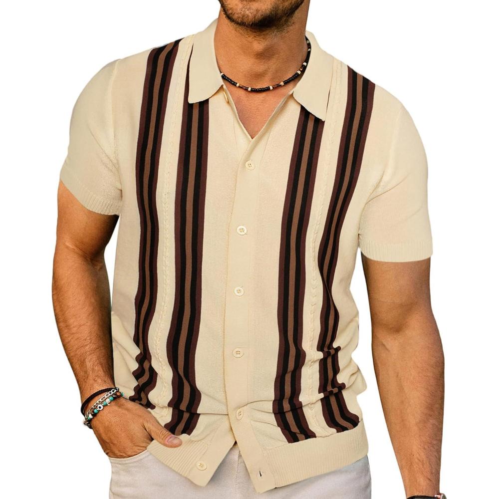 imagePJ PAUL JONES Mens Polo Shirts Vintage Striped Button Down Knitted Golf ShirtsApricot