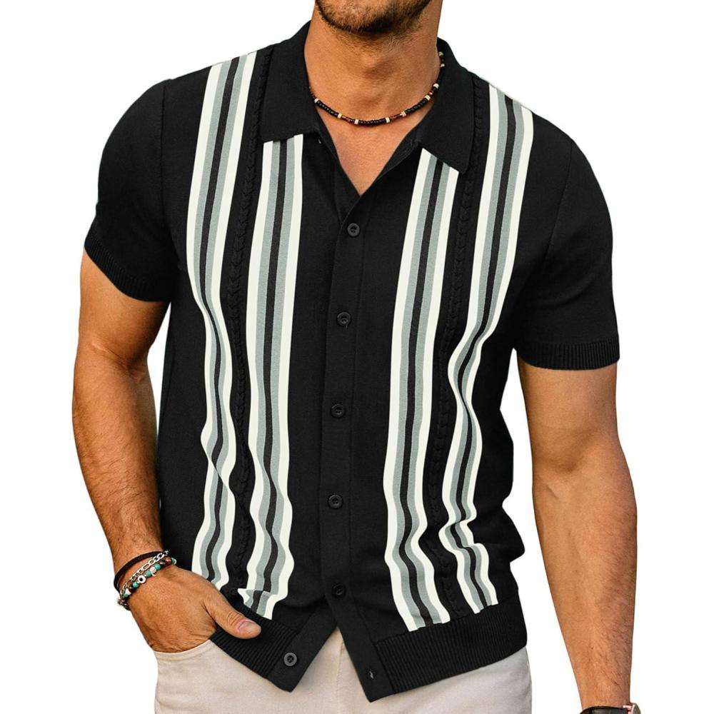 imagePJ PAUL JONES Mens Polo Shirts Vintage Striped Button Down Knitted Golf ShirtsBlack Gray