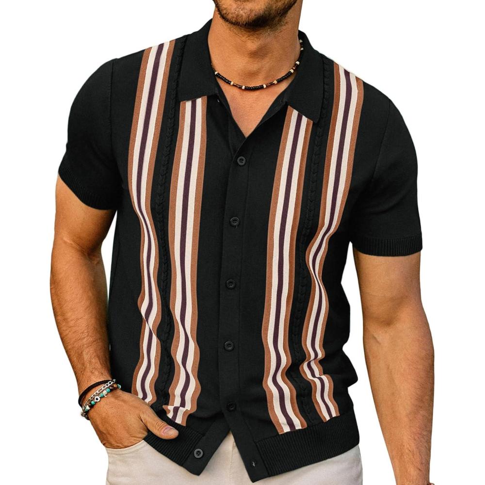 imagePJ PAUL JONES Mens Polo Shirts Vintage Striped Button Down Knitted Golf ShirtsBlack Red