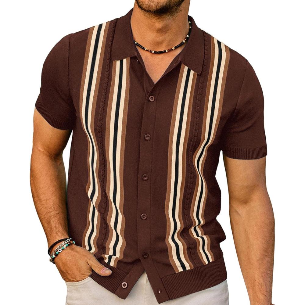 imagePJ PAUL JONES Mens Polo Shirts Vintage Striped Button Down Knitted Golf ShirtsDark Coffee