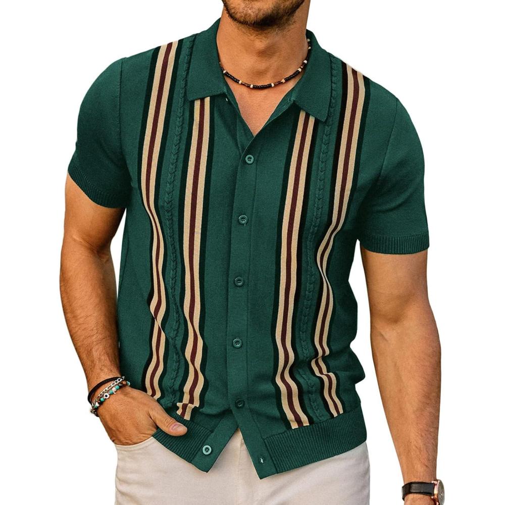 imagePJ PAUL JONES Mens Polo Shirts Vintage Striped Button Down Knitted Golf ShirtsDark Green