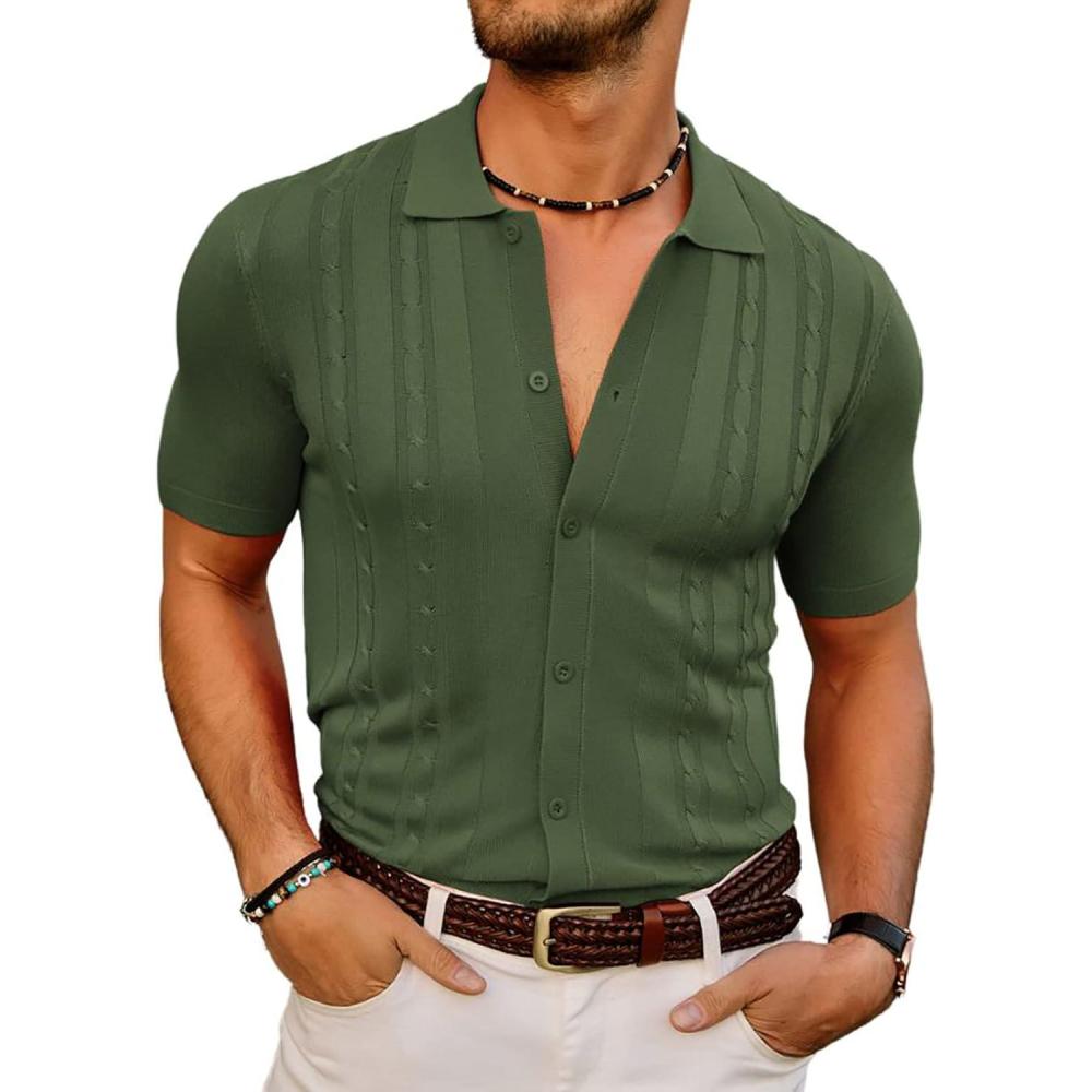 imagePJ PAUL JONES Mens Polo Shirts Vintage Striped Button Down Knitted Golf ShirtsGreensolid