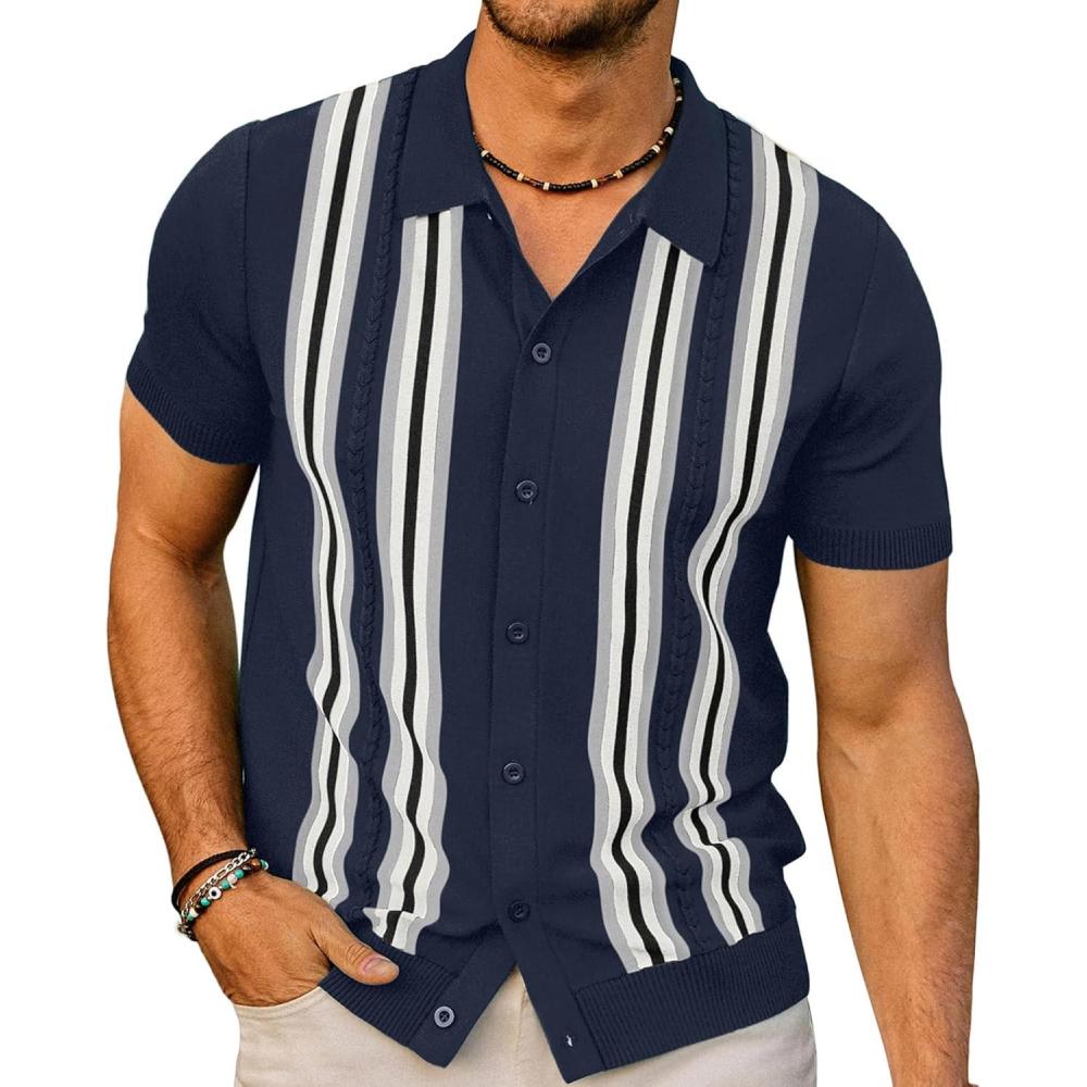 imagePJ PAUL JONES Mens Polo Shirts Vintage Striped Button Down Knitted Golf ShirtsNavy Blue