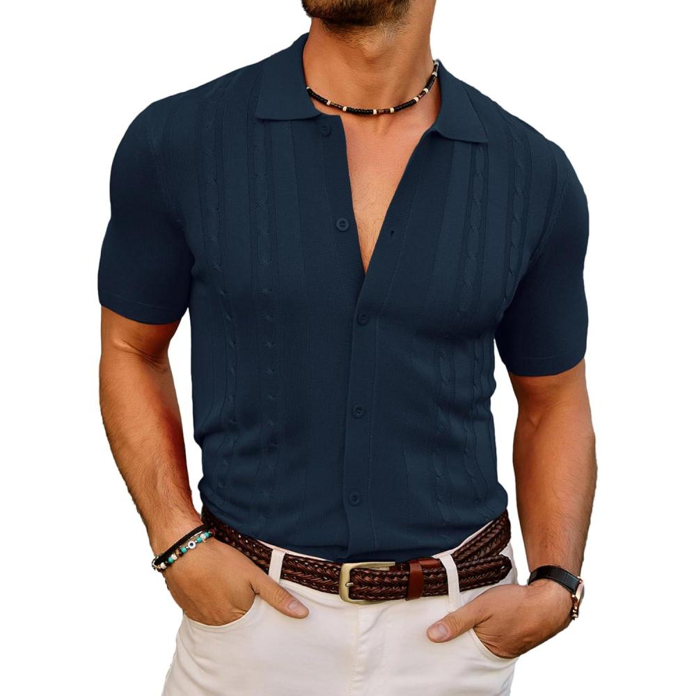 imagePJ PAUL JONES Mens Polo Shirts Vintage Striped Button Down Knitted Golf ShirtsRoyal Blue