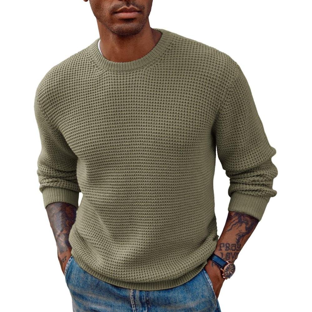 imagePJ PAUL JONES Mens Pullover Sweater Waffle Textured Long Sleeve Knitted SweatersArmy Green