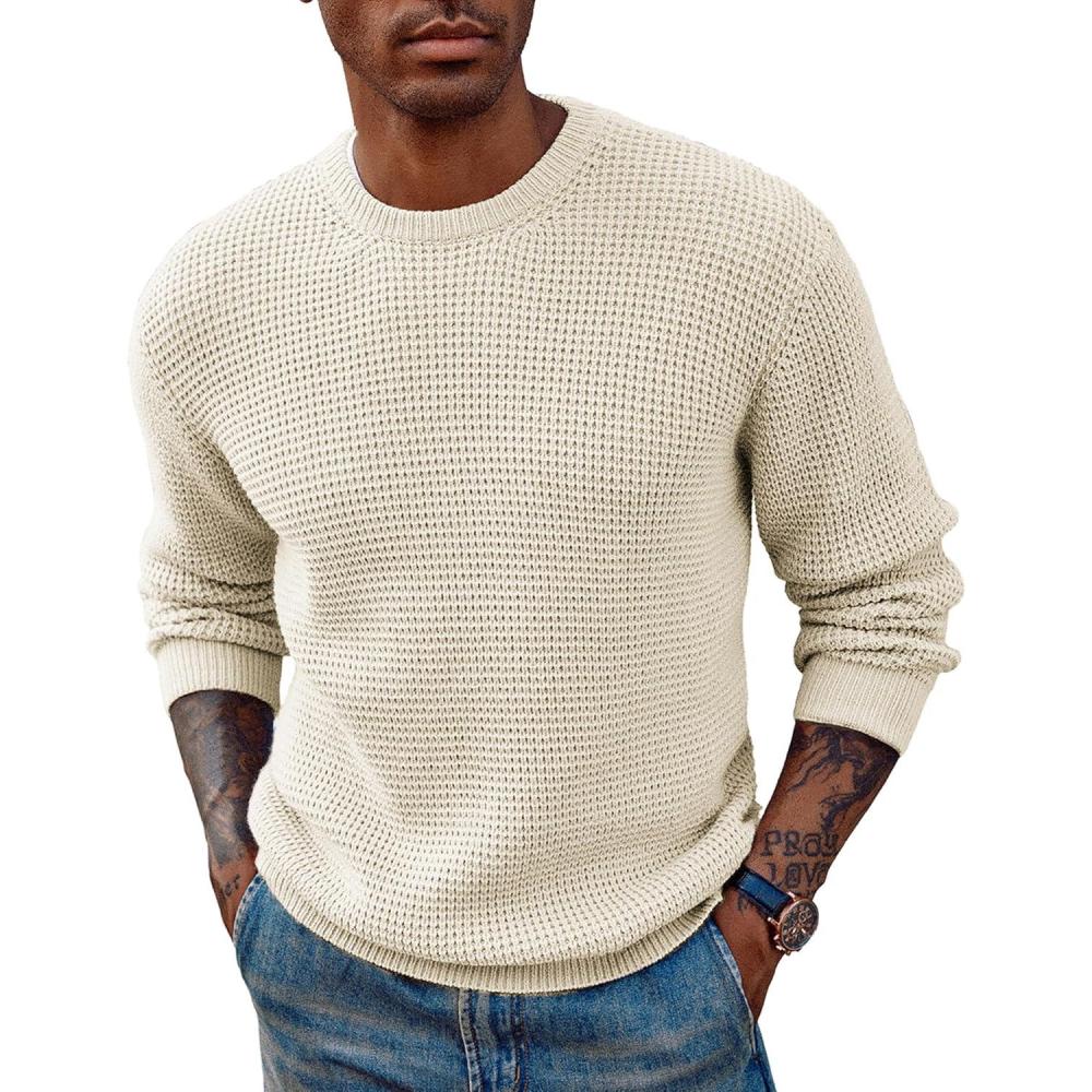 imagePJ PAUL JONES Mens Pullover Sweater Waffle Textured Long Sleeve Knitted SweatersBeige