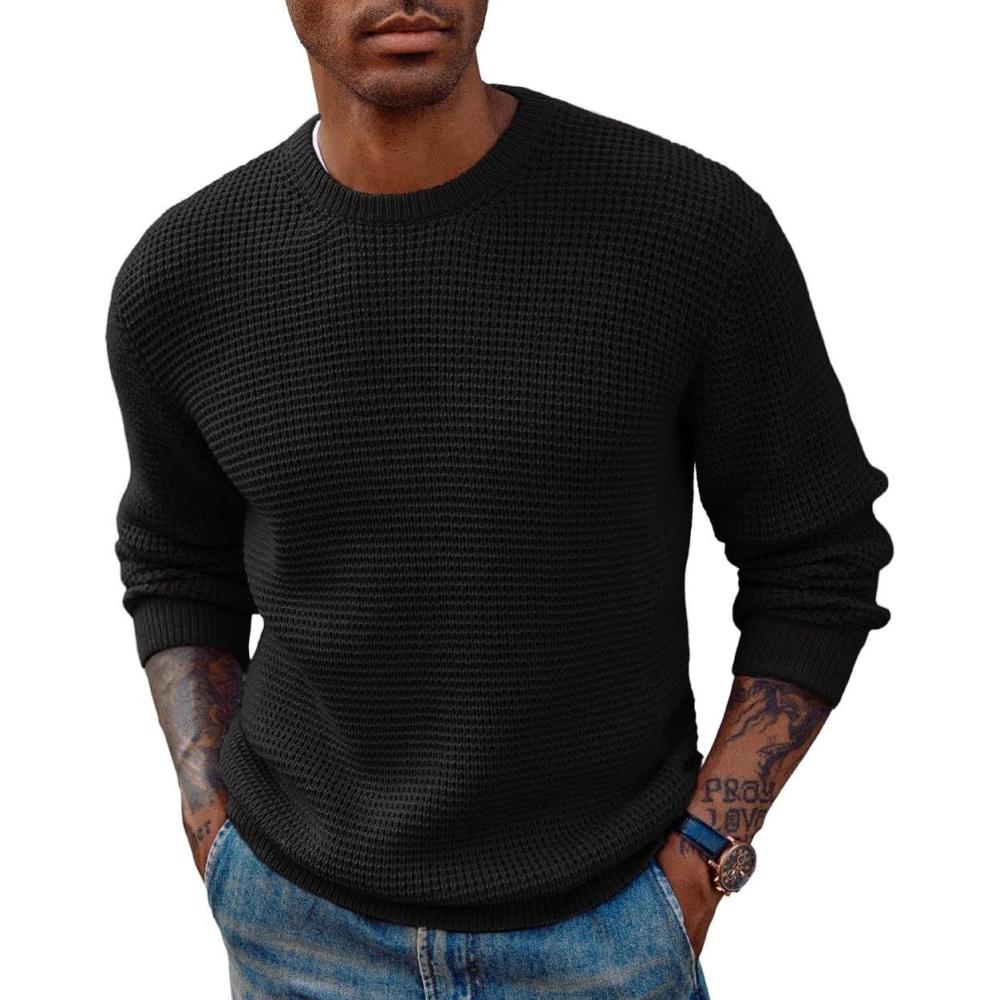 imagePJ PAUL JONES Mens Pullover Sweater Waffle Textured Long Sleeve Knitted SweatersBlack