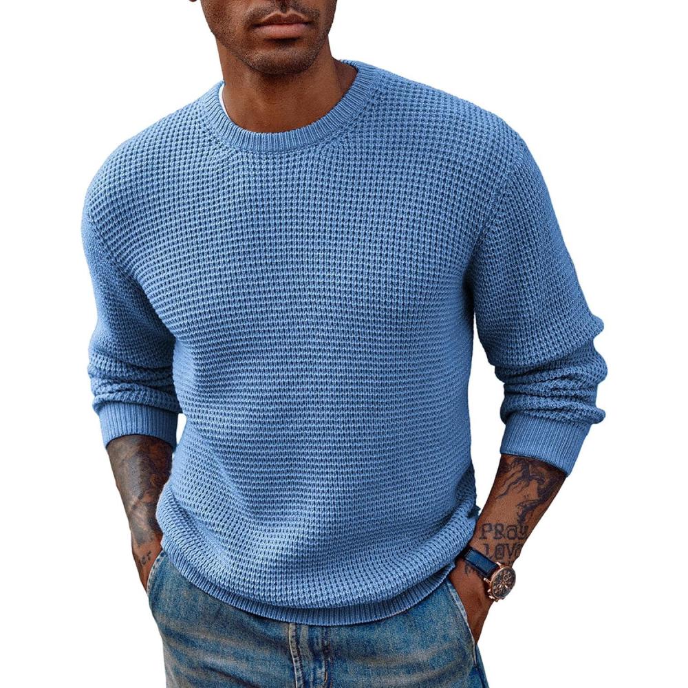 imagePJ PAUL JONES Mens Pullover Sweater Waffle Textured Long Sleeve Knitted SweatersBlue