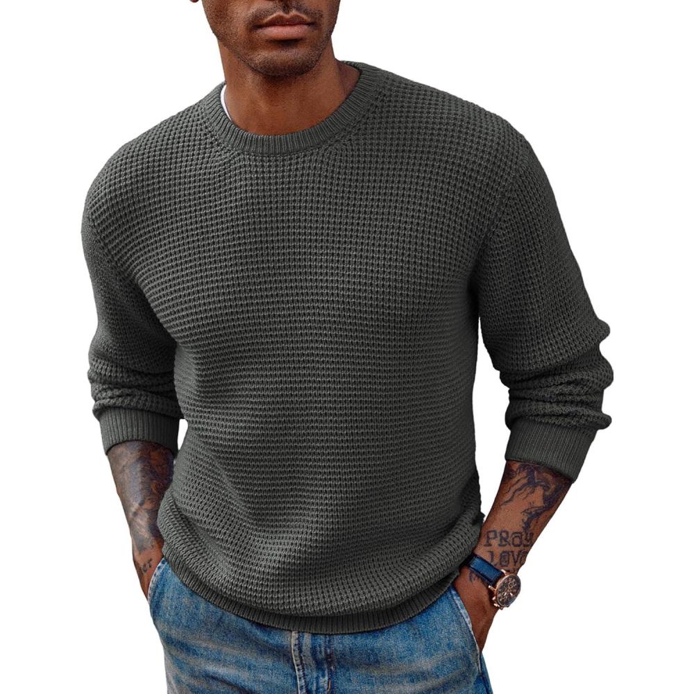 imagePJ PAUL JONES Mens Pullover Sweater Waffle Textured Long Sleeve Knitted SweatersDark Gray