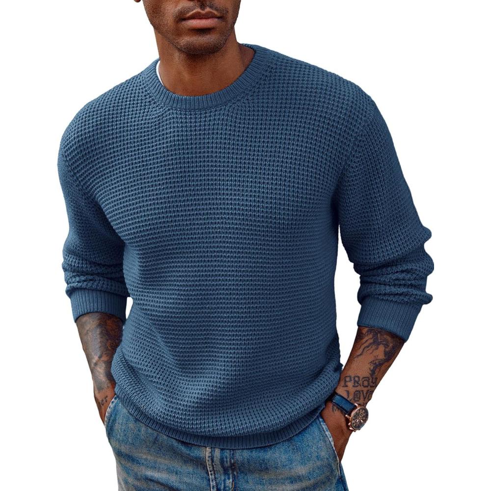 imagePJ PAUL JONES Mens Pullover Sweater Waffle Textured Long Sleeve Knitted SweatersDenim Blue