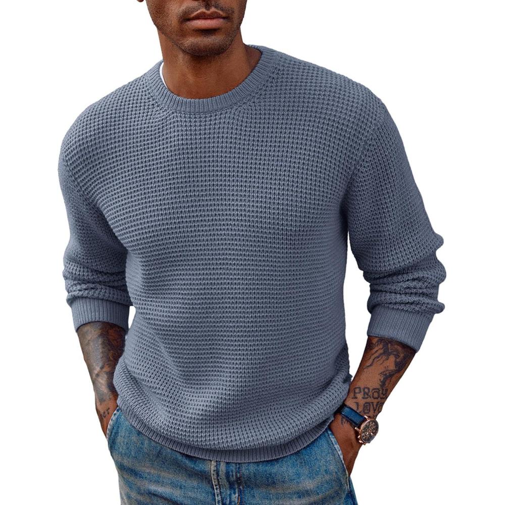 imagePJ PAUL JONES Mens Pullover Sweater Waffle Textured Long Sleeve Knitted SweatersGrey Blue
