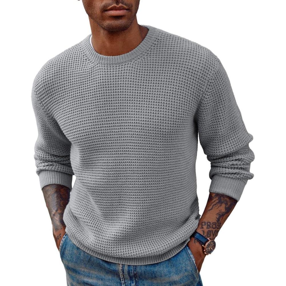 imagePJ PAUL JONES Mens Pullover Sweater Waffle Textured Long Sleeve Knitted SweatersLight Grey